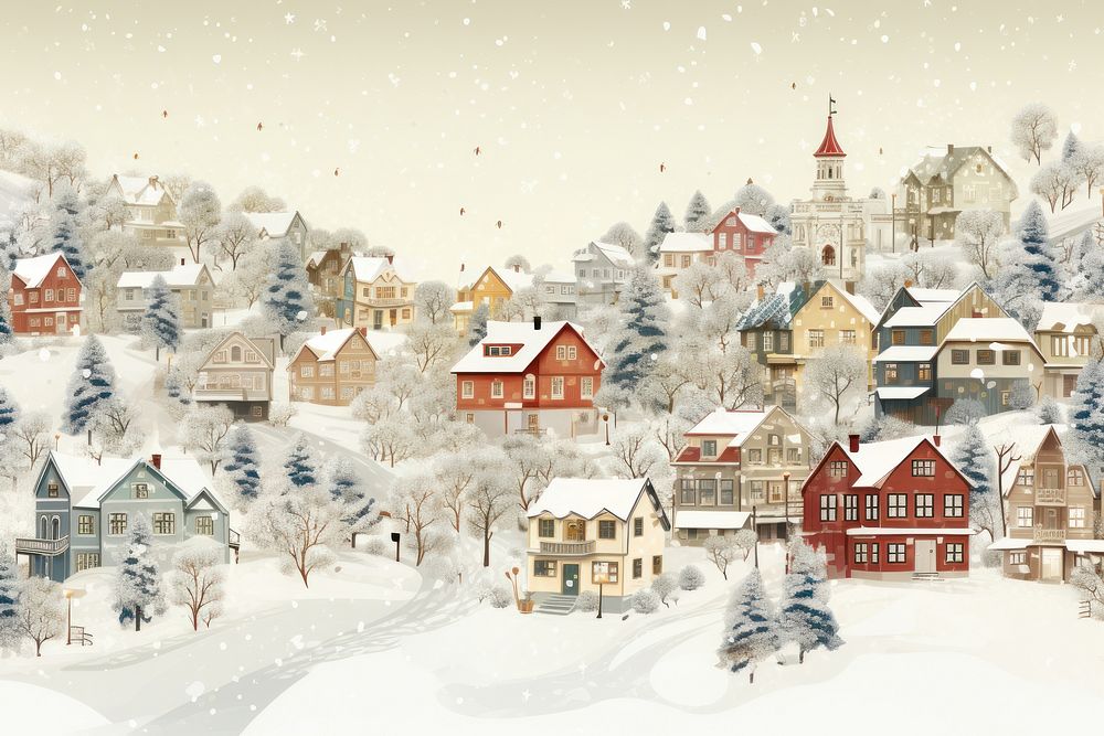 Solid toile wallpaper of snowy town architecture landscape building.