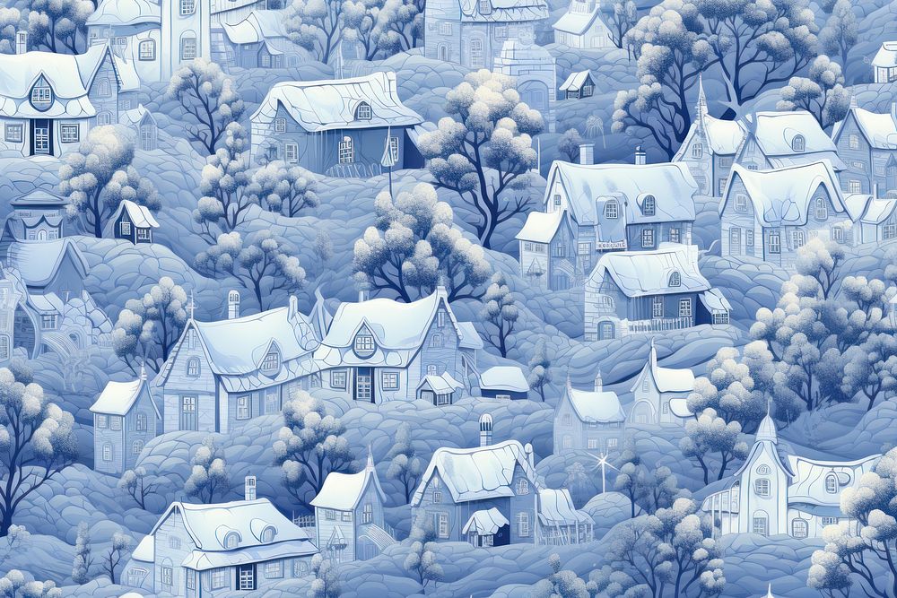 Solid toile wallpaper of snowy town architecture building outdoors.