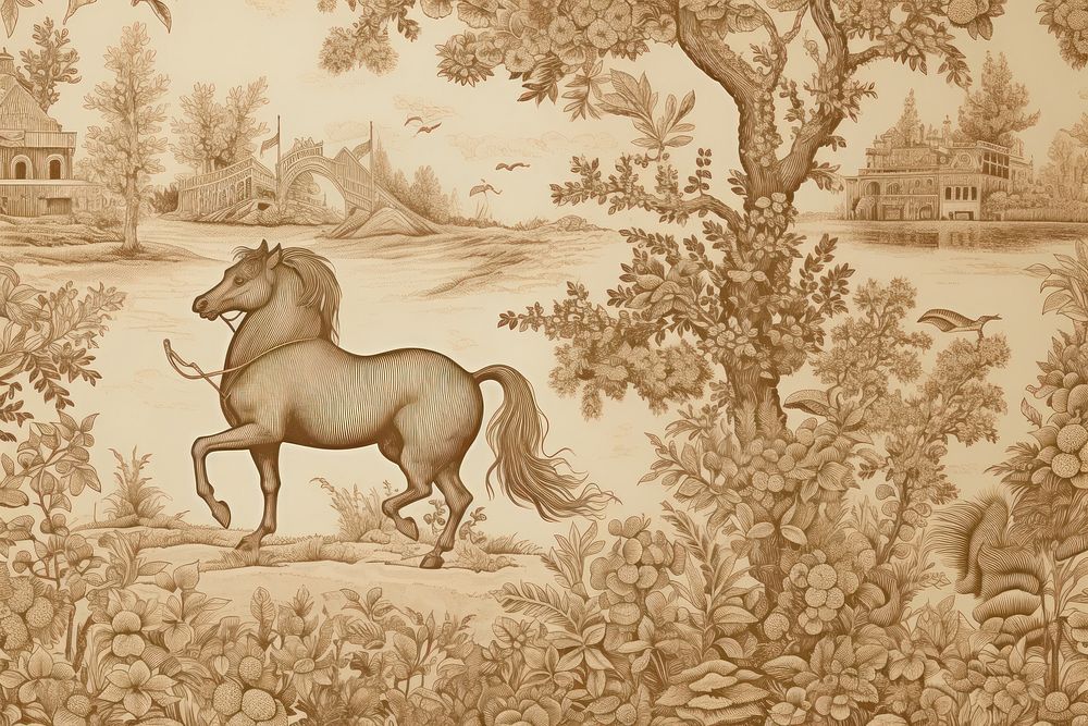 Toile wallpaper pony landscape drawing animal.