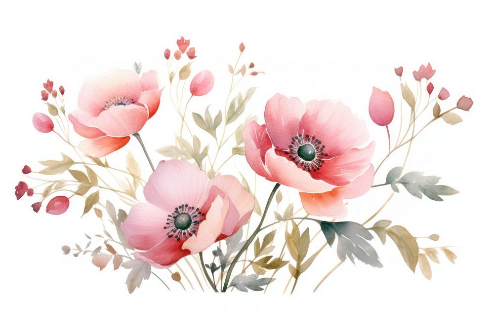 Watercolor flowers blossom poppy plant.