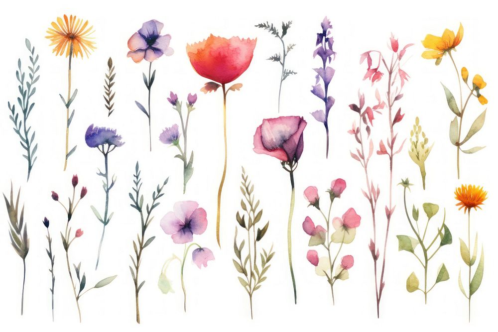 Watercolor wildflowers blossom drawing plant.