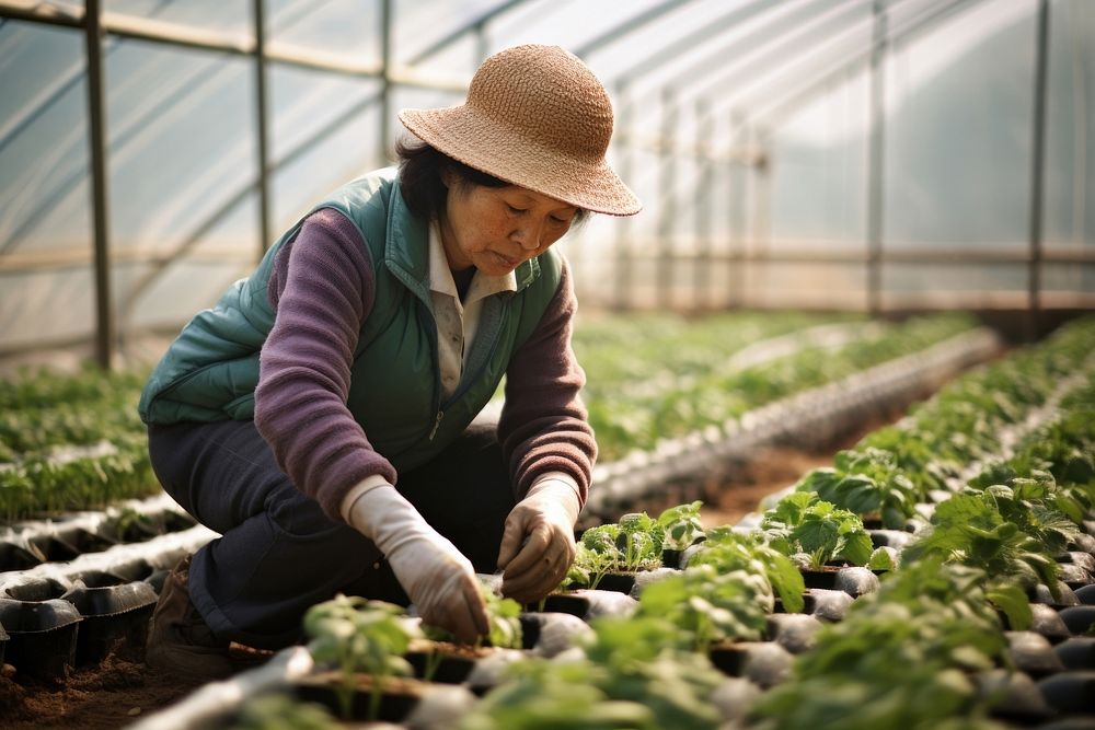 Asian female farmer greenhouse gardening planting.