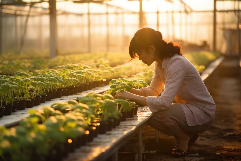 Asian female farmer greenhouse gardening planting.