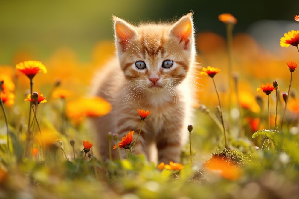 Orange kitten in a field animal mammal flower.