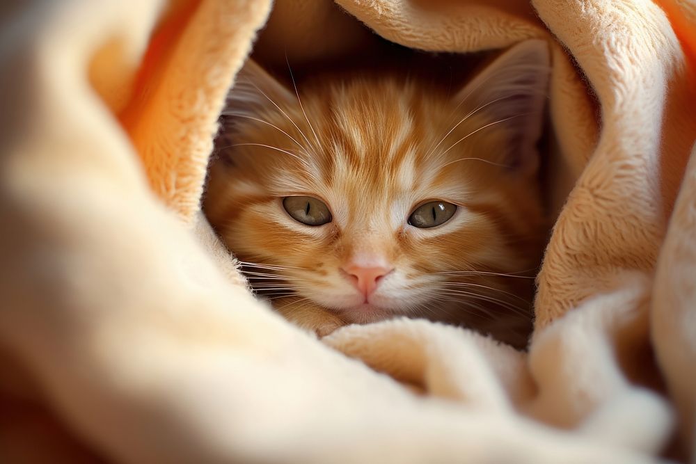 Orange kitten in cozy bed blanket animal mammal.
