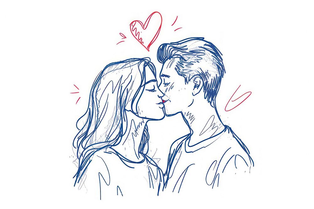 Valentines couple kissing drawing sketch.