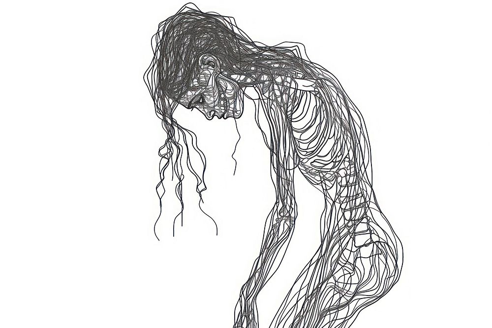 Anorexic woman body drawing sketch line.