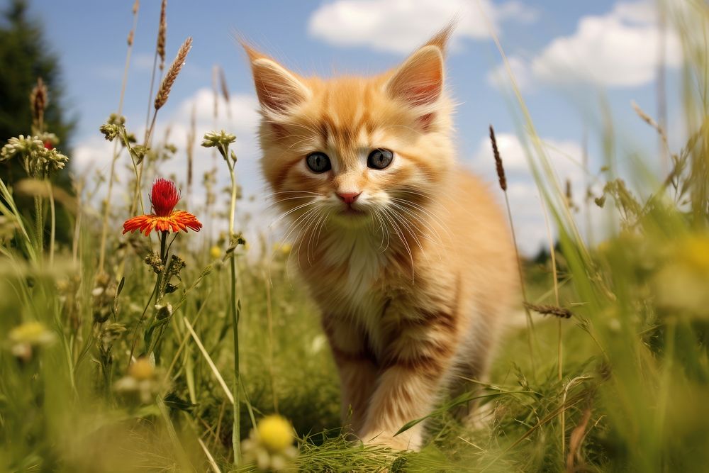 Mix bred kitten in field outdoors animal mammal.