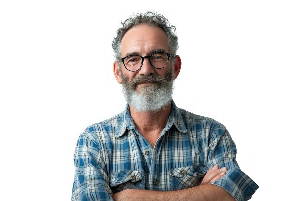 Middleaged man volunteers portrait glasses beard.