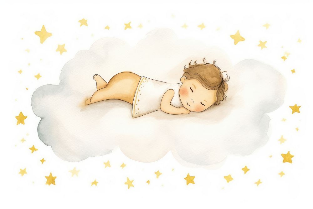 Ute baby boy sleeps on cloud with stars sleeping comfortable relaxation.