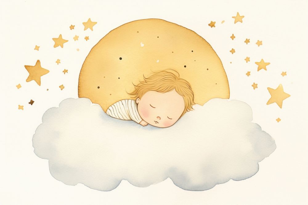 Ute baby boy sleeps on cloud with stars comfortable relaxation sleeping.