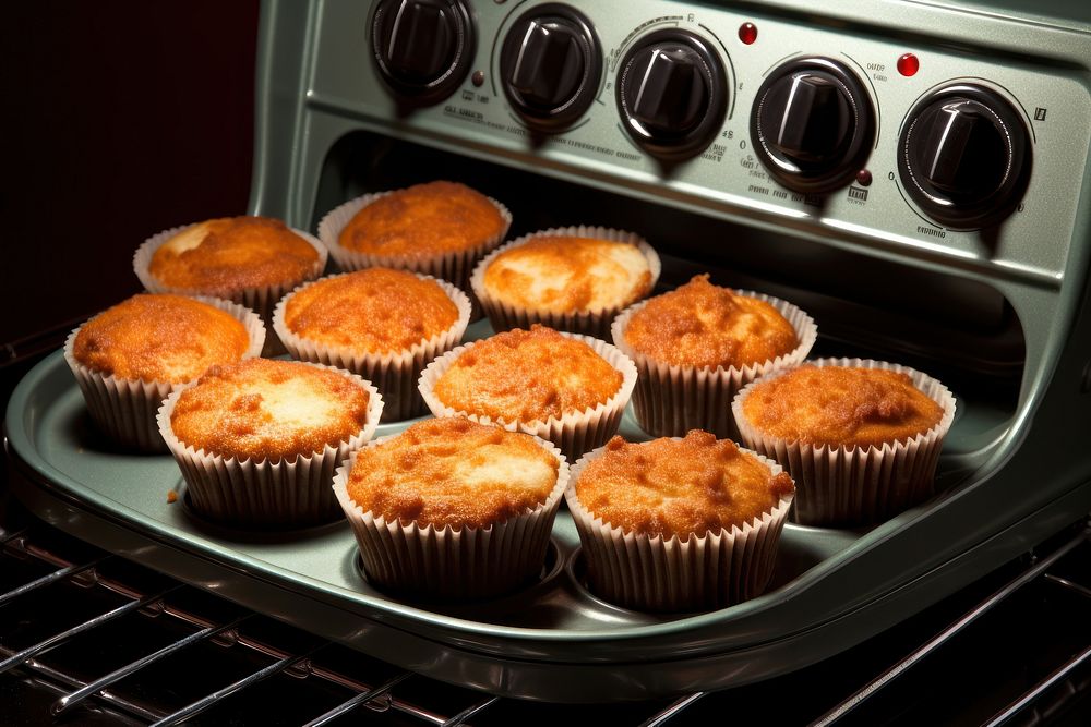 Muffin in oven appliance food freshness.