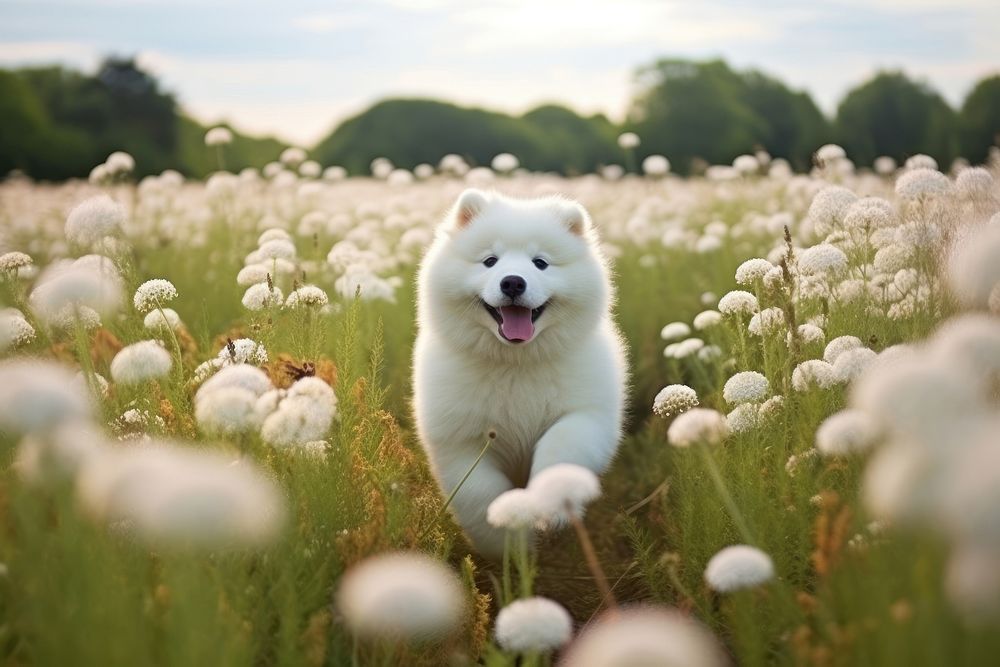 Samoyed puppy in field outdoors mammal animal.