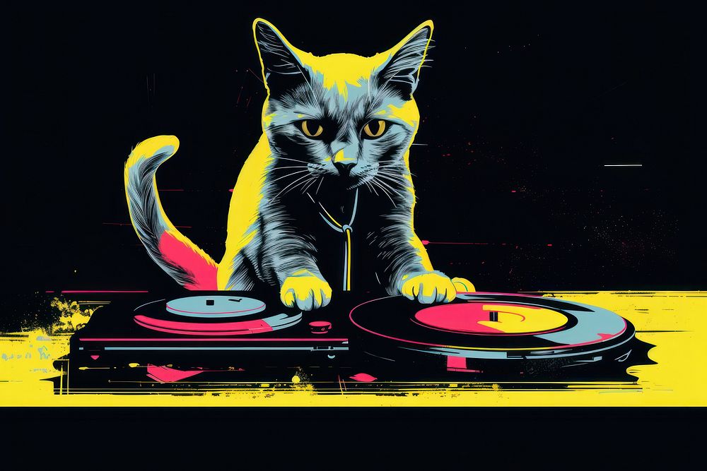 Cat DJ using turntable mammal pet art. AI generated Image by rawpixel.
