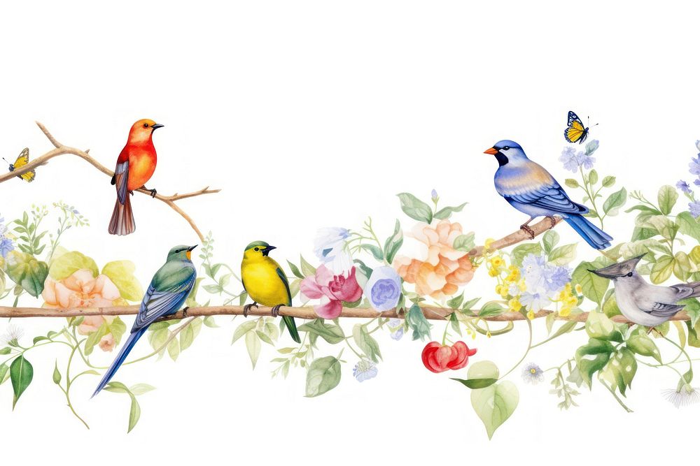 Birds and flowers animal nature white background.