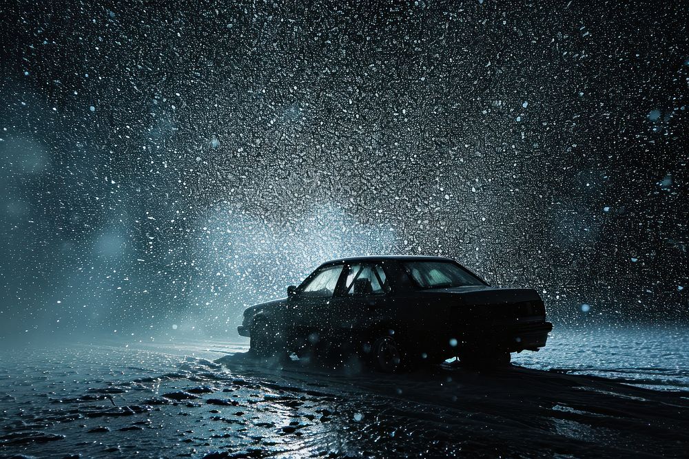 Car in in night sky vehicle light rain. AI generated Image by rawpixel.