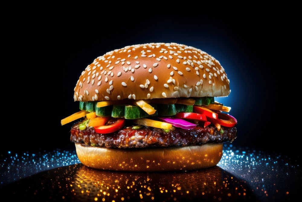 Hamburger food black background illuminated. AI generated Image by rawpixel.
