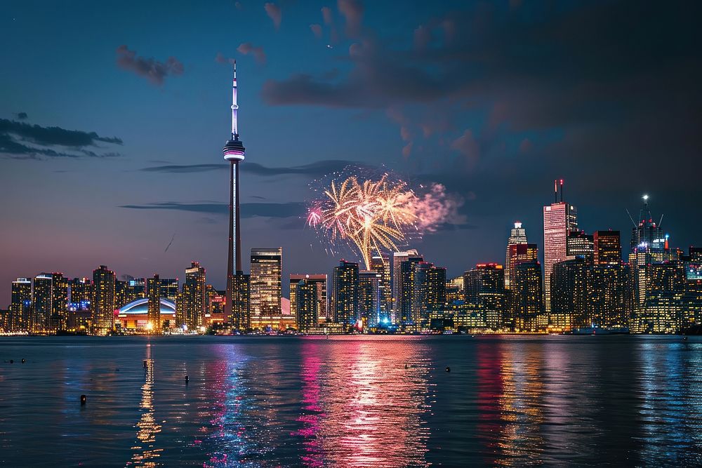 Fireworks cityscape tower architecture. AI generated Image by rawpixel.