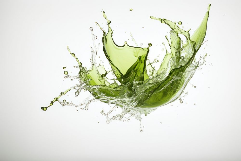 Splash effect of green tea leaf white background refreshment.