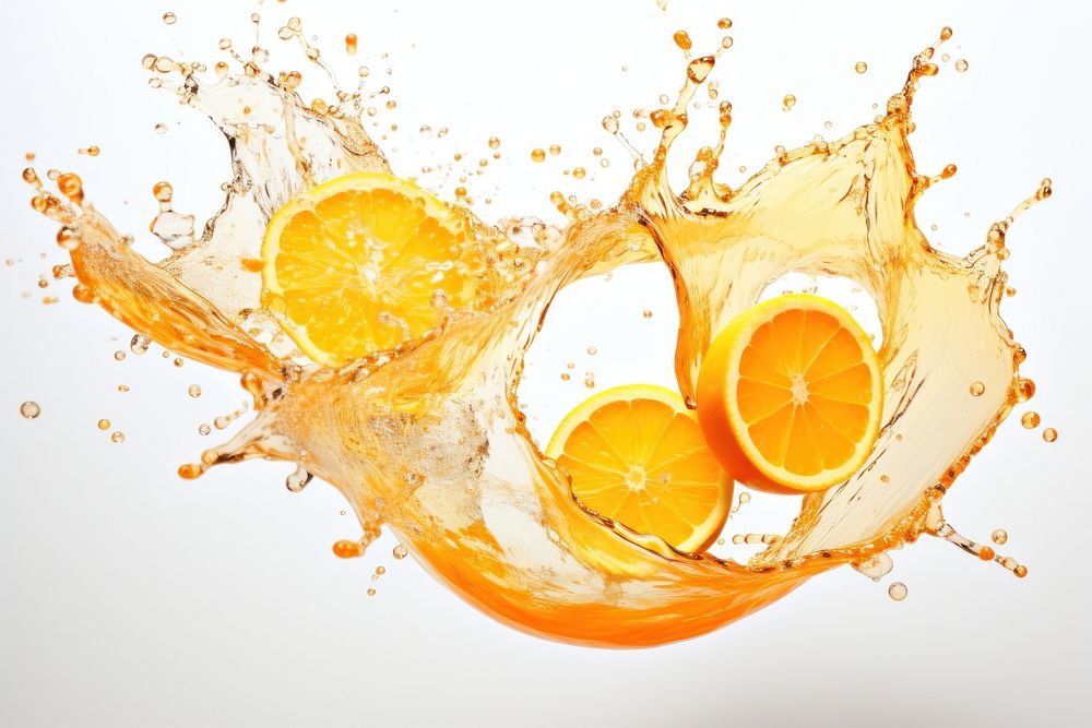 Splash effect of orange juice fruit white background refreshment.