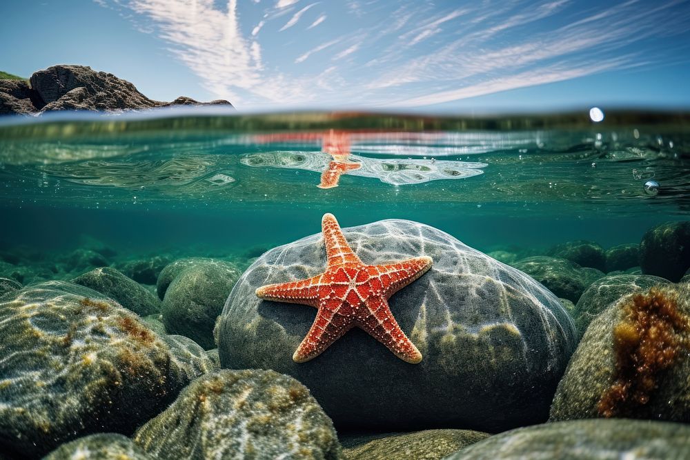 Starfish holding onto a rock in the ocean outdoors nature animal.