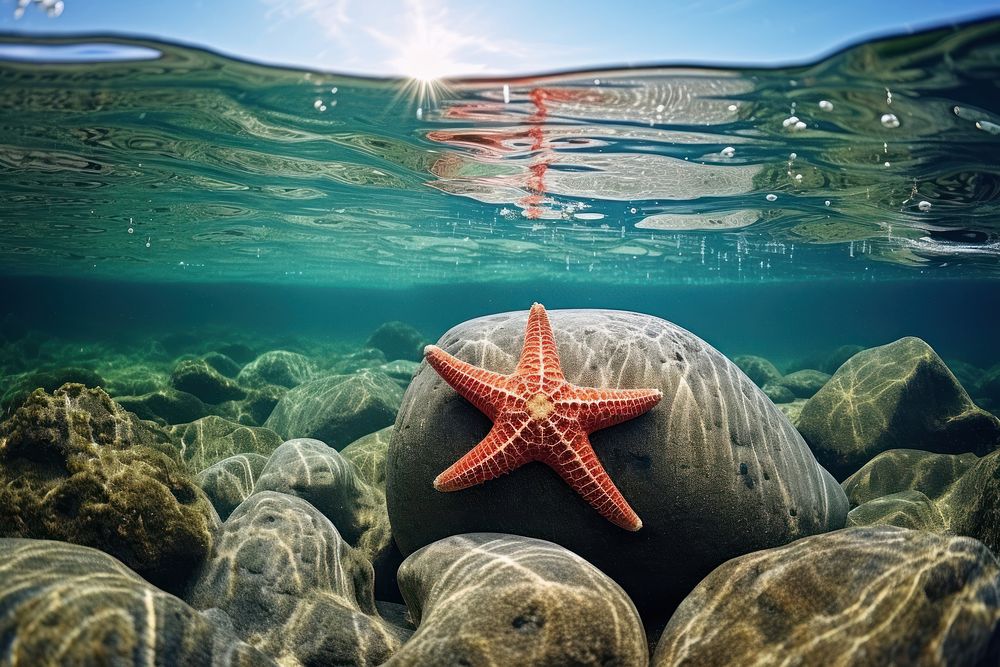 Starfish holding onto a rock in the ocean underwater outdoors nature.