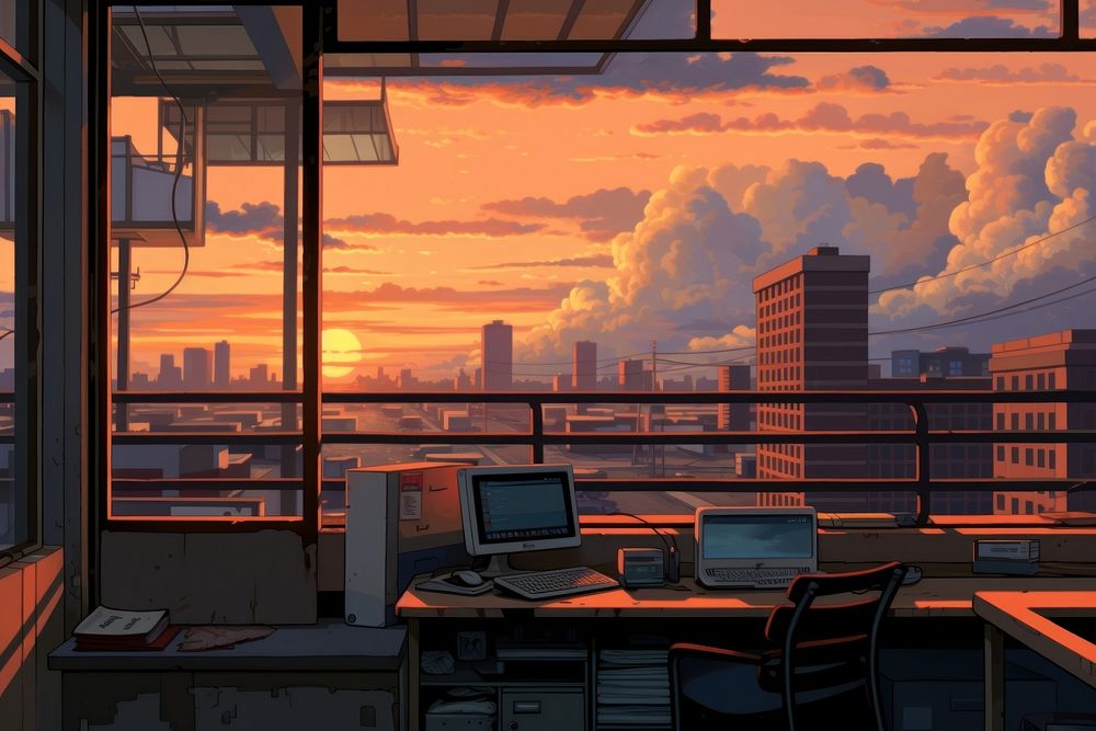 Sunset outside office furniture computer table.