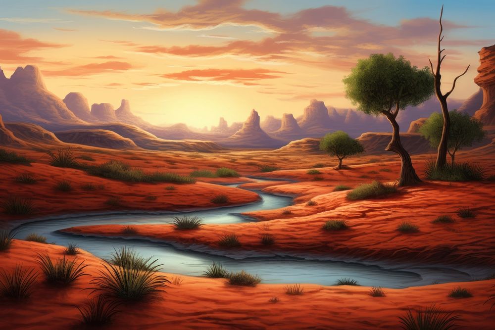 Sunset in a desert wilderness landscape mountain.