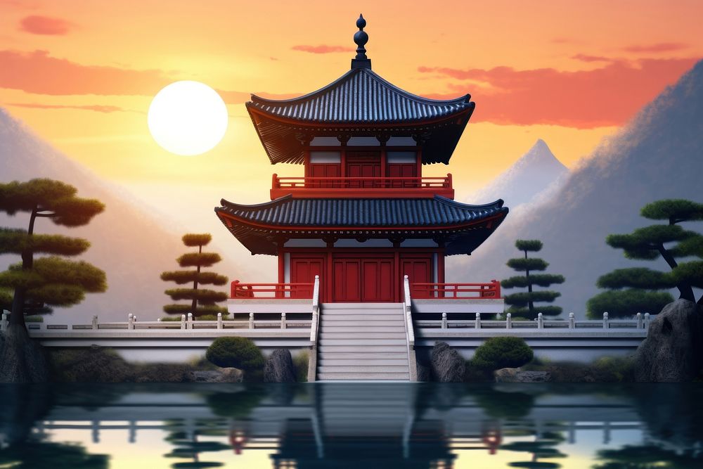 Sunset in asia temple architecture building outdoors.