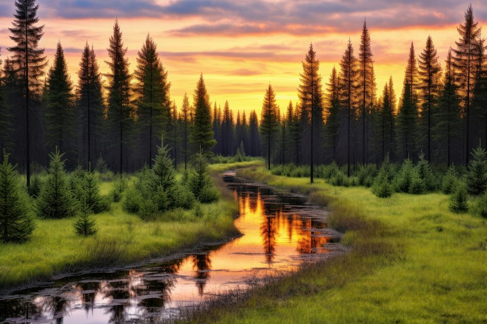Sunset in pine forest wilderness landscape outdoors.