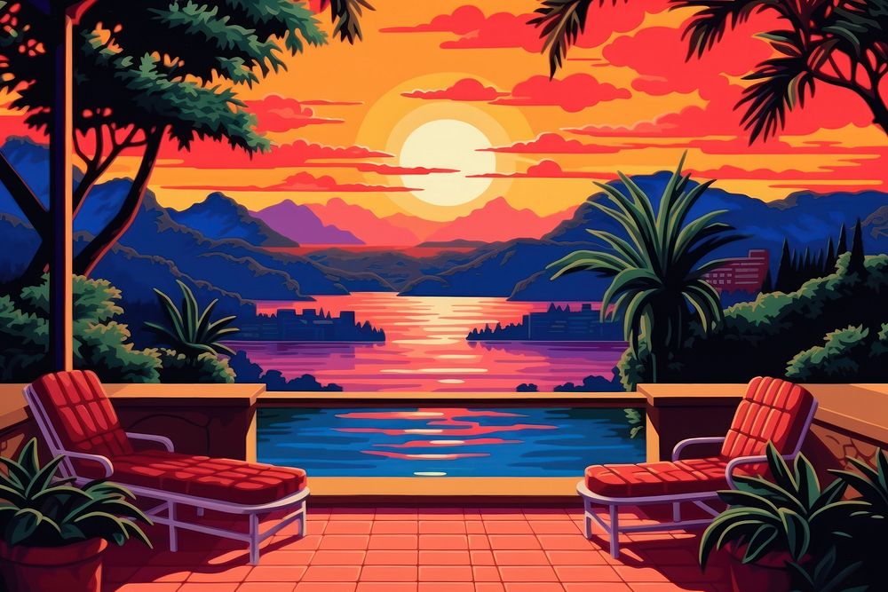 Sunset view architecture outdoors painting.