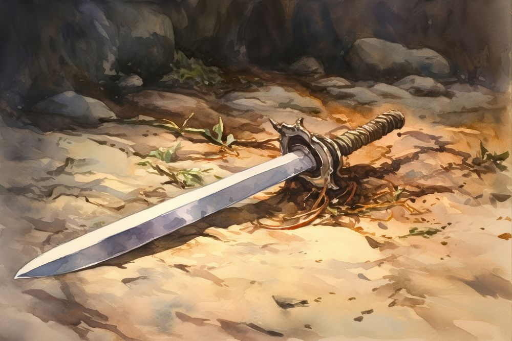 Sword laying on ground watercolor weapon dagger knife.