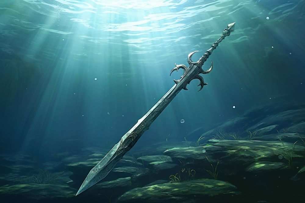 Sword laying underwater background outdoors nature dagger.