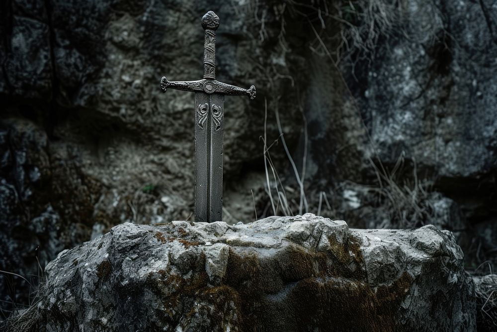 Sword stuck in stone background outdoors cross rock.
