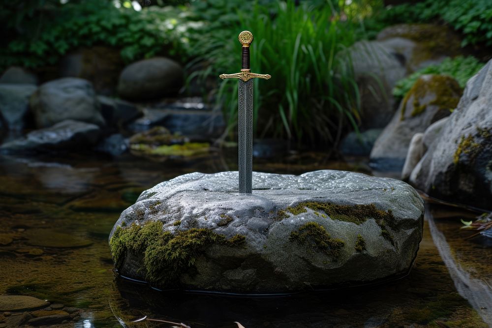 Sword stuck in stone background outdoors nature plant.