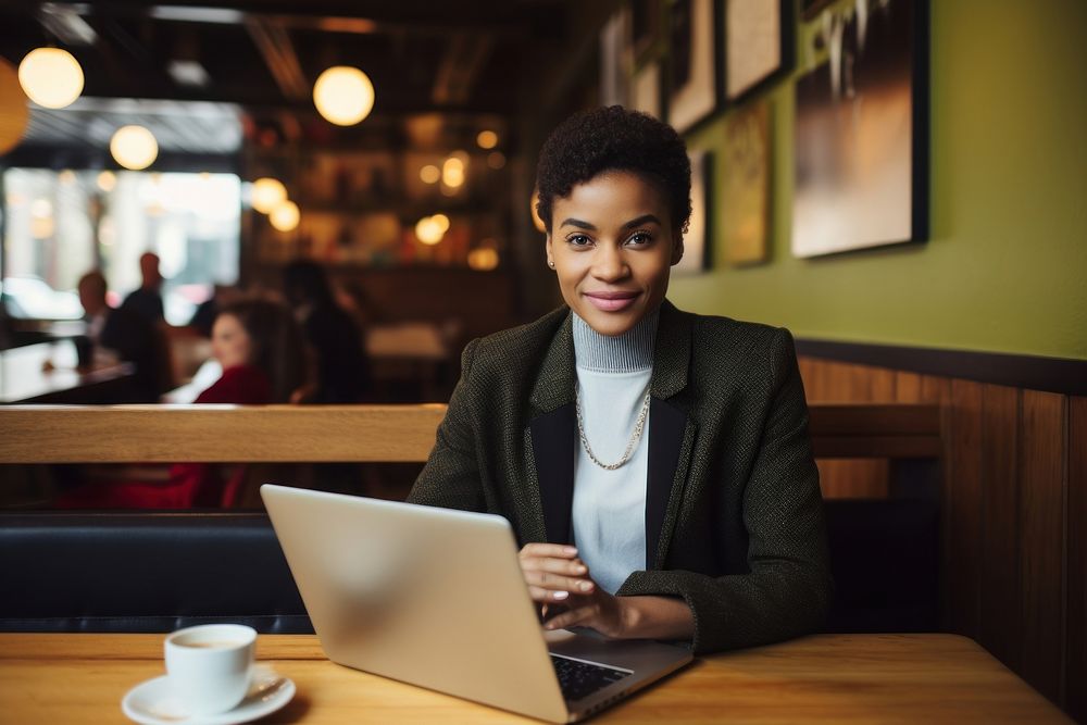 Young black businesswoman in coffee shop laptop computer portrait. AI generated Image by rawpixel.