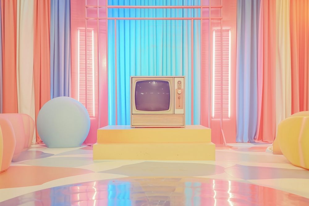 1970s empty tiny stage gameshow in the vintage pastel color architecture electronics technology.