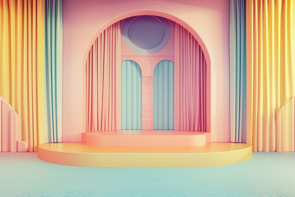 1970s empty tiny stage gameshow in the vintage pastel color architecture building lighting.