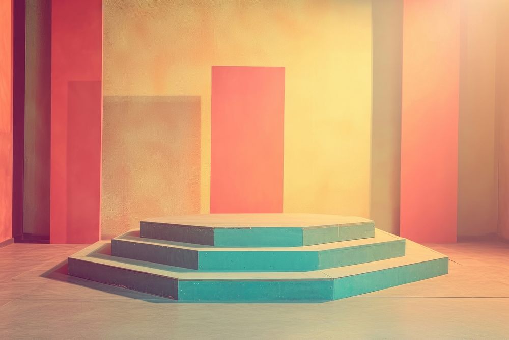 1970s empty tiny stage gameshow in the vintage pastel color art architecture creativity.