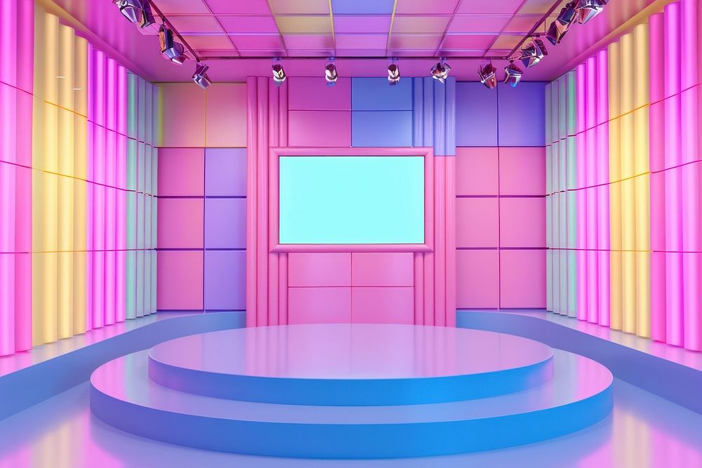 1970s empty tiny stage gameshow in the vintage pastel color purple architecture illuminated.