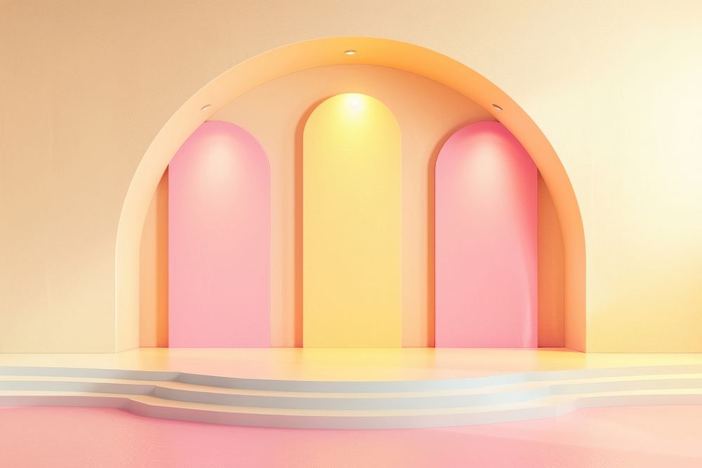 1970s empty tiny stage in the style pastel retro color architecture abstract lighting.
