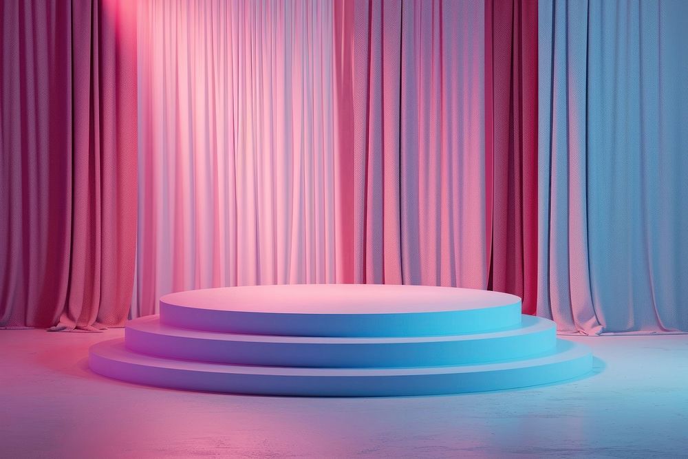 1970s empty tiny stage in the style pastel retro color lighting purple illuminated.