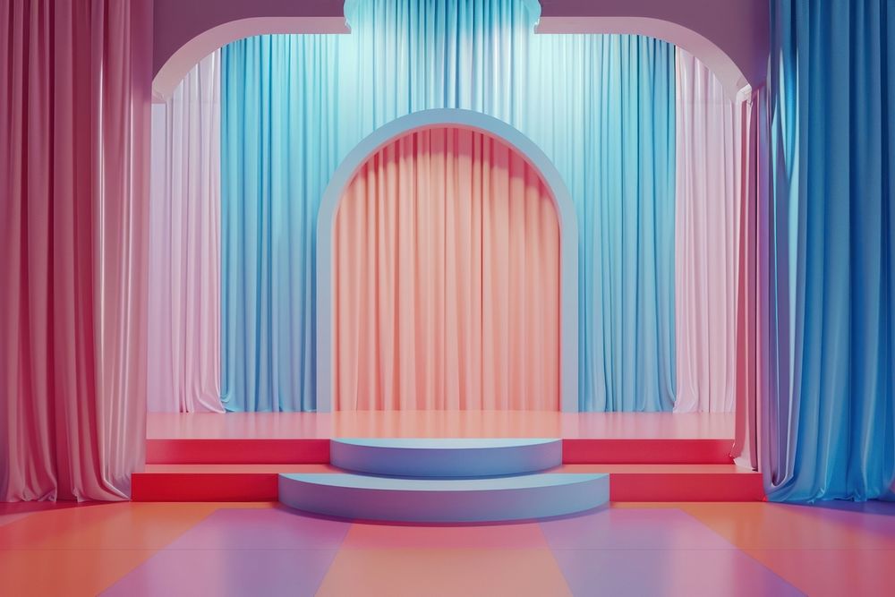 1970s empty tiny stage in the style pastel retro color curtain architecture entrance.