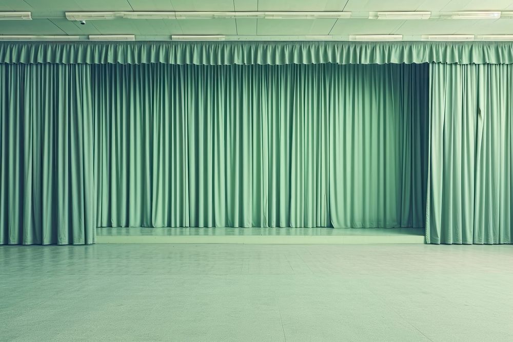 Green pastel retro 1970s empty tiny stage curtain architecture backgrounds.