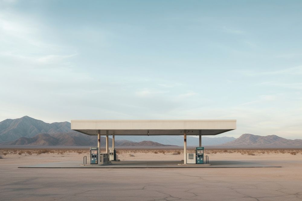 Empty gas station in desert in the western styles architecture petroleum landscape.