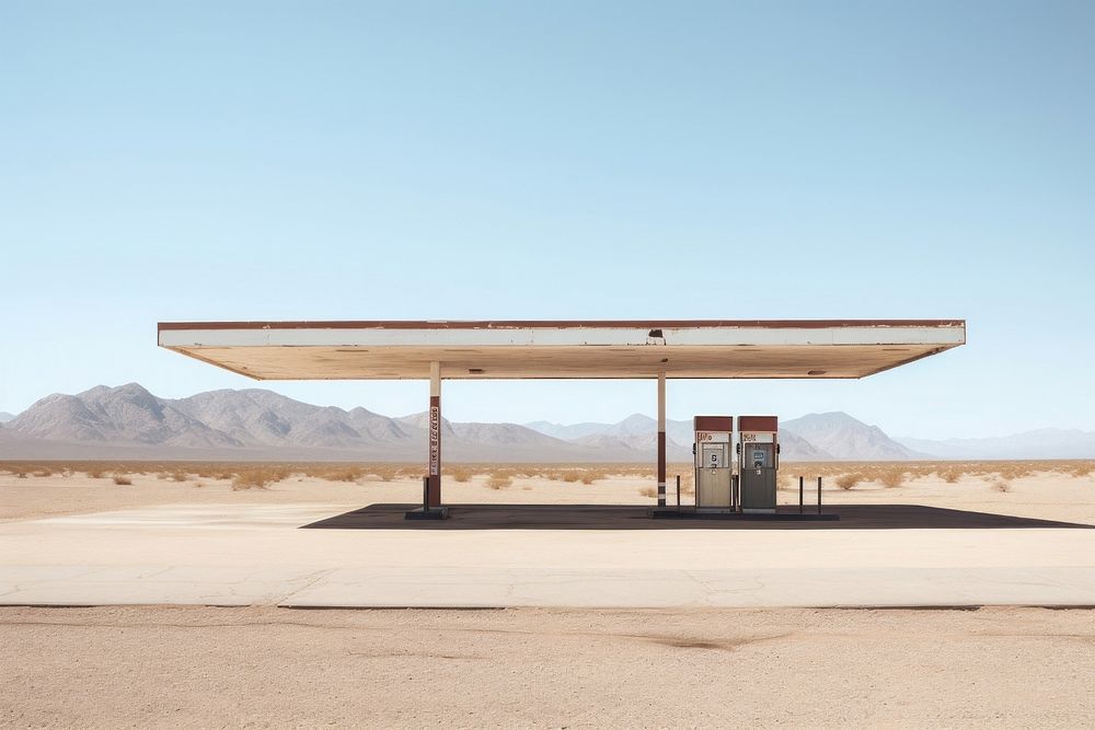 Empty gas station in desert in the western architecture petroleum sunlight.