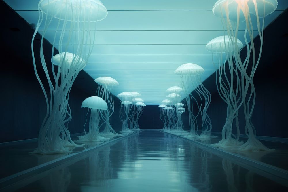Empty jelly fish aquarium tunnel hallway jellyfish architecture invertebrate.