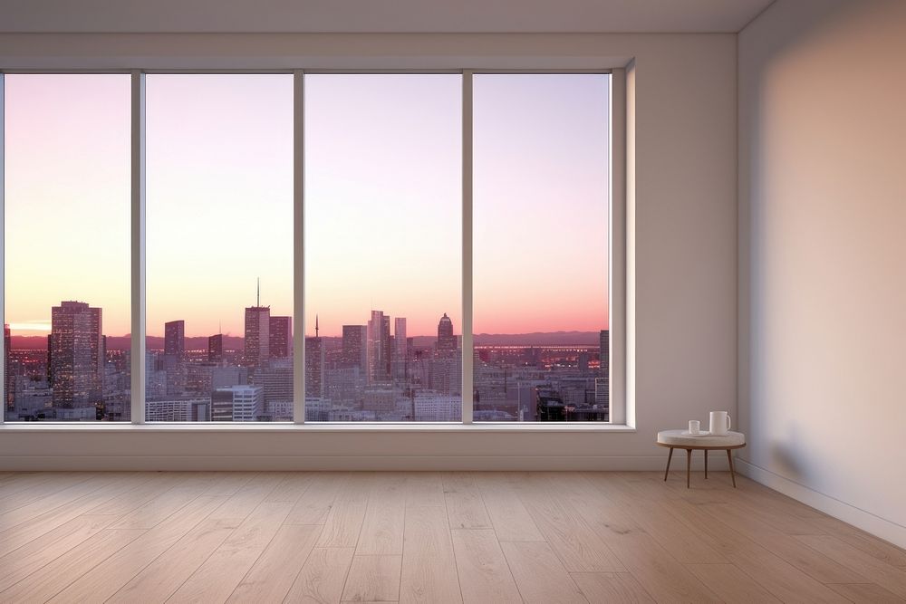 Empty white new york apartment room studio have sunset view from window architecture cityscape building.