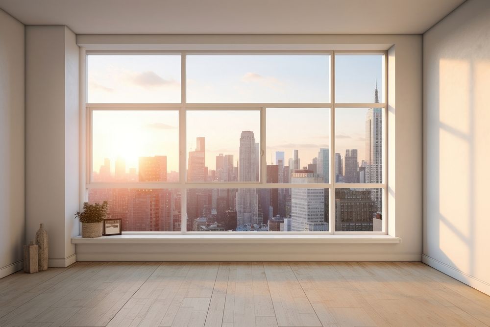 Empty white new york apartment room studio have sunset view from window windowsill architecture condominium.