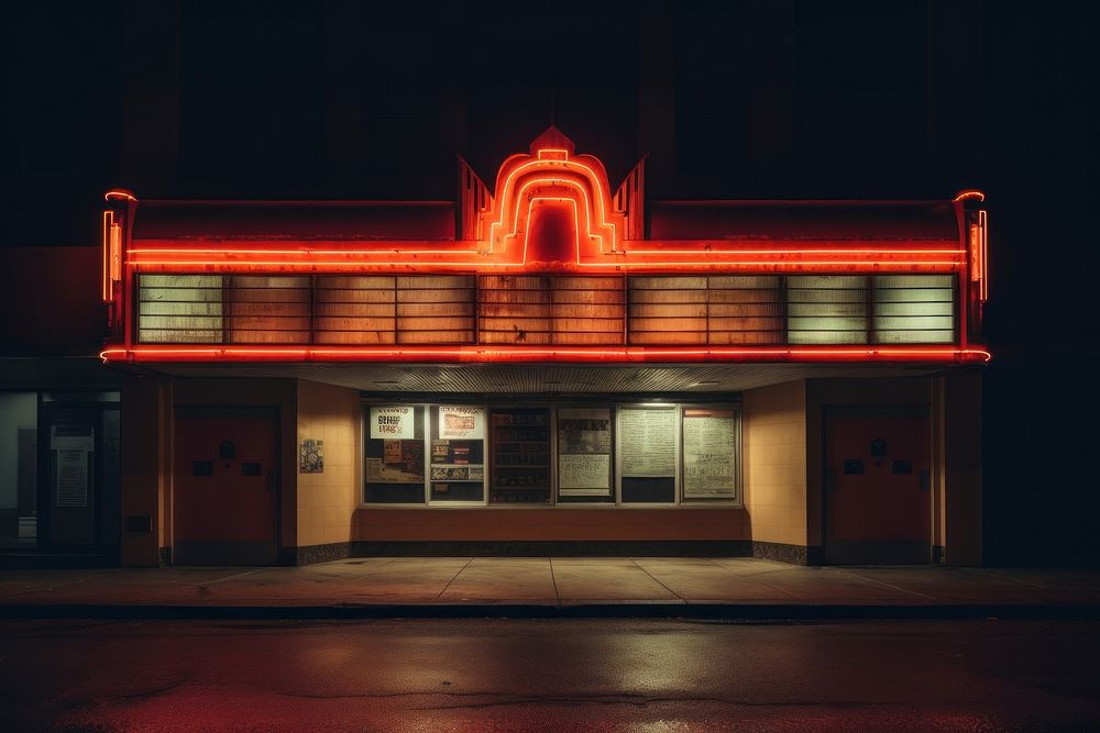 Old movie theater marquee in the 1970s night city architecture.